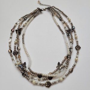 Multi-Strand beaded necklace with Silver Flowers/Butterflies
